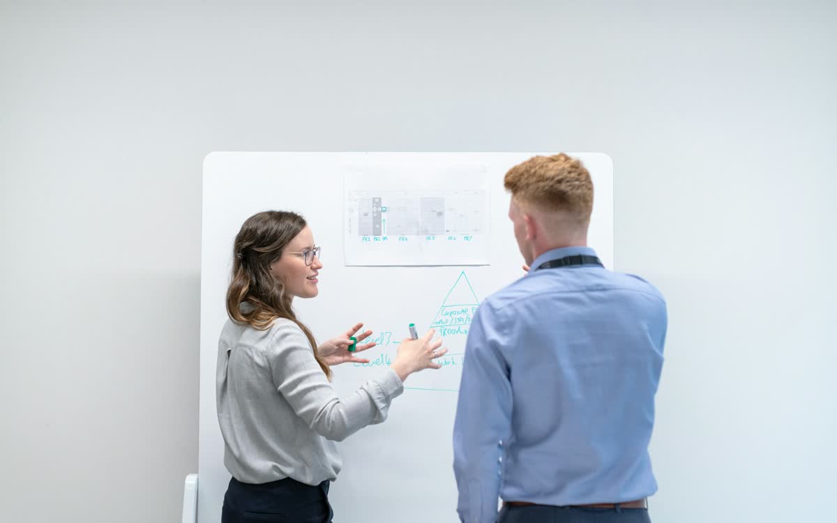 Deux personnes organisent un plan de travail sur un tableau blanc