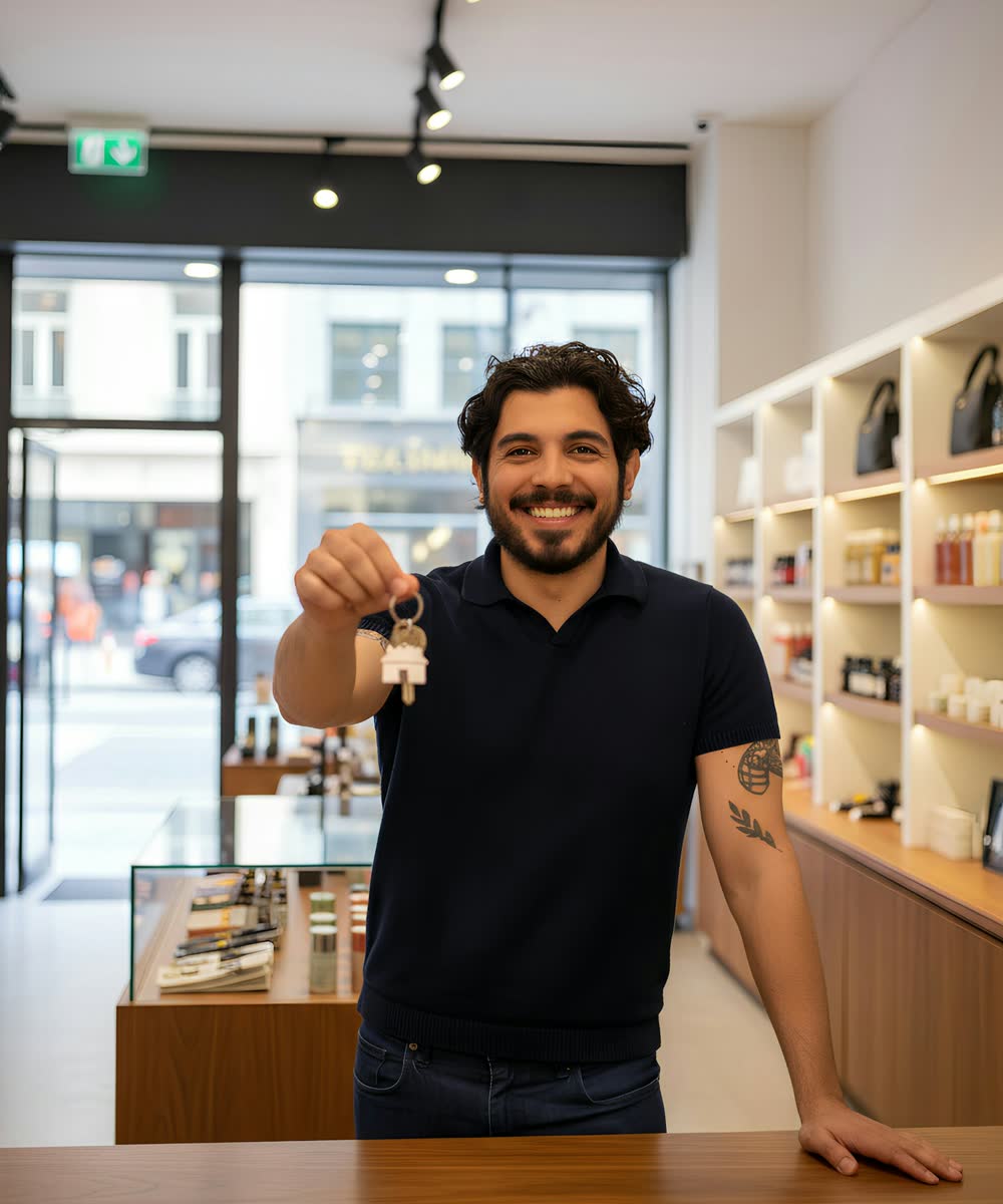 Un commerçant souriant derrière le comptoir de sa boutique